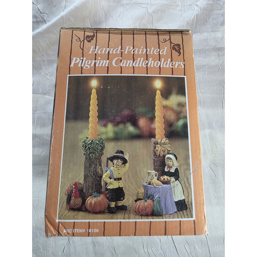 Vintage ABC Hand-Painted Pilgrim Couple Thanksgiving Candle Holders